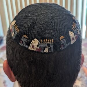 Hand Crafted Kippah. Jerusalem Skyline. Blue & Maroon. Jewish. Made In Israel.